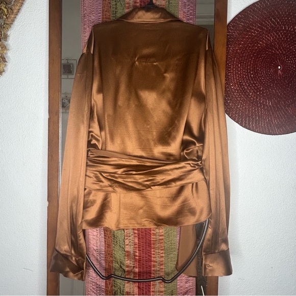 Lafayette 148 Copper Bronze True Wrap Long Sleeve Collared Silk Blouse size 14 - Picture 4 of 10